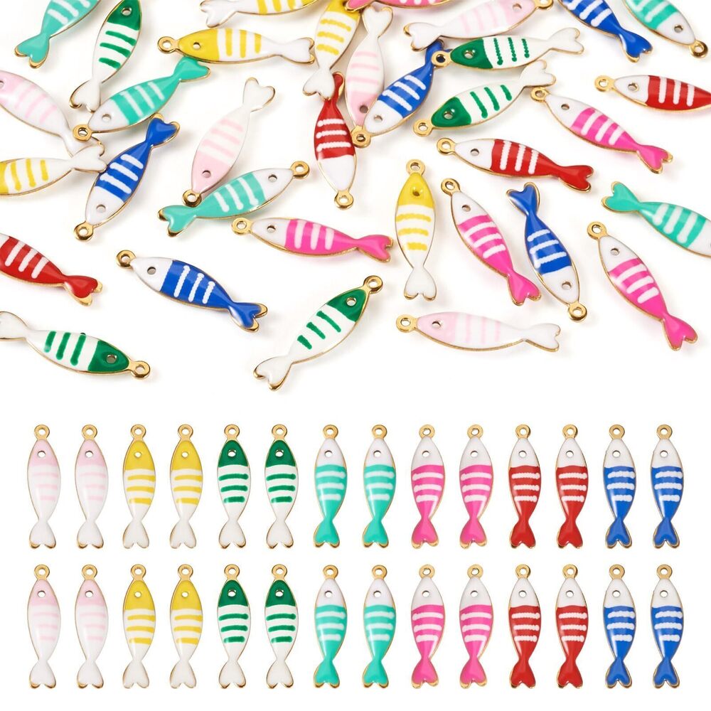 5898 35Pcs Enamel Fish Charms Stainless Steel Colorful Stripe Fish Dangle